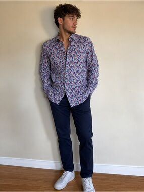 Robert Graham Linen Blend Colorful Mosaic Print Button Down Shirt Men’s